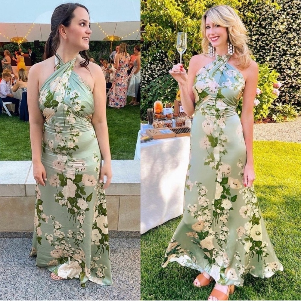 Reformation Veria Silk Halterneck Maxi Gown Green Silk Floral Dress Size XS